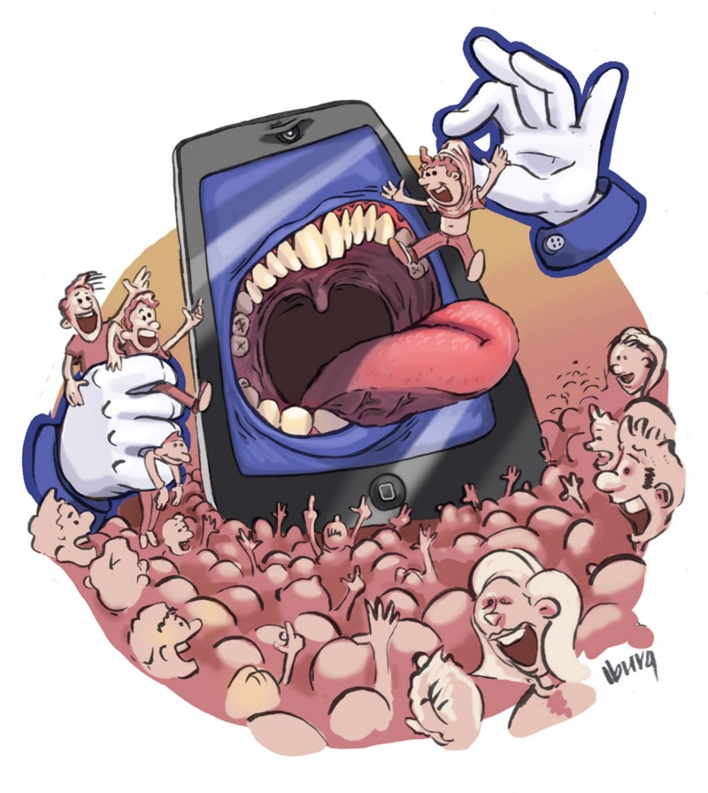 Large mobile phone with blue app background, devouring enthusastic people from a crowd.